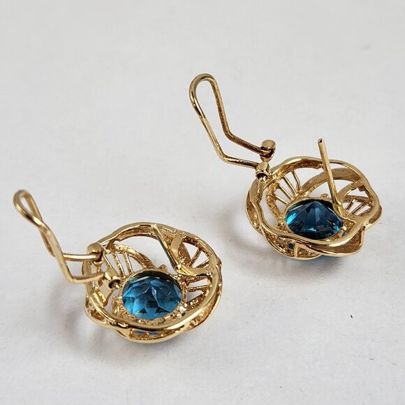 True VTG 14K Solid Gold Natural Blue Topaz Round w/ Cut Omega Clasps / Stud - Picture 6 of 10